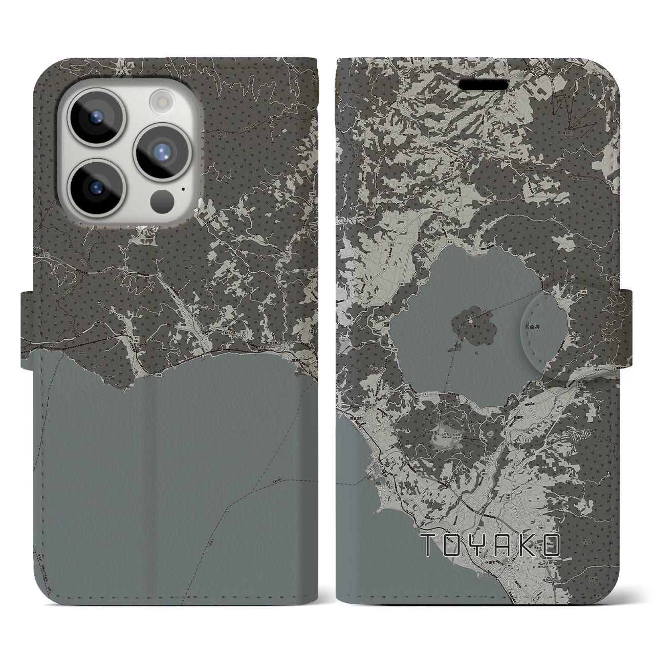 【洞爺湖(北海道)】地図柄iPhoneケース(手帳タイプ)モノトーン・iPhone 15 Pro 用