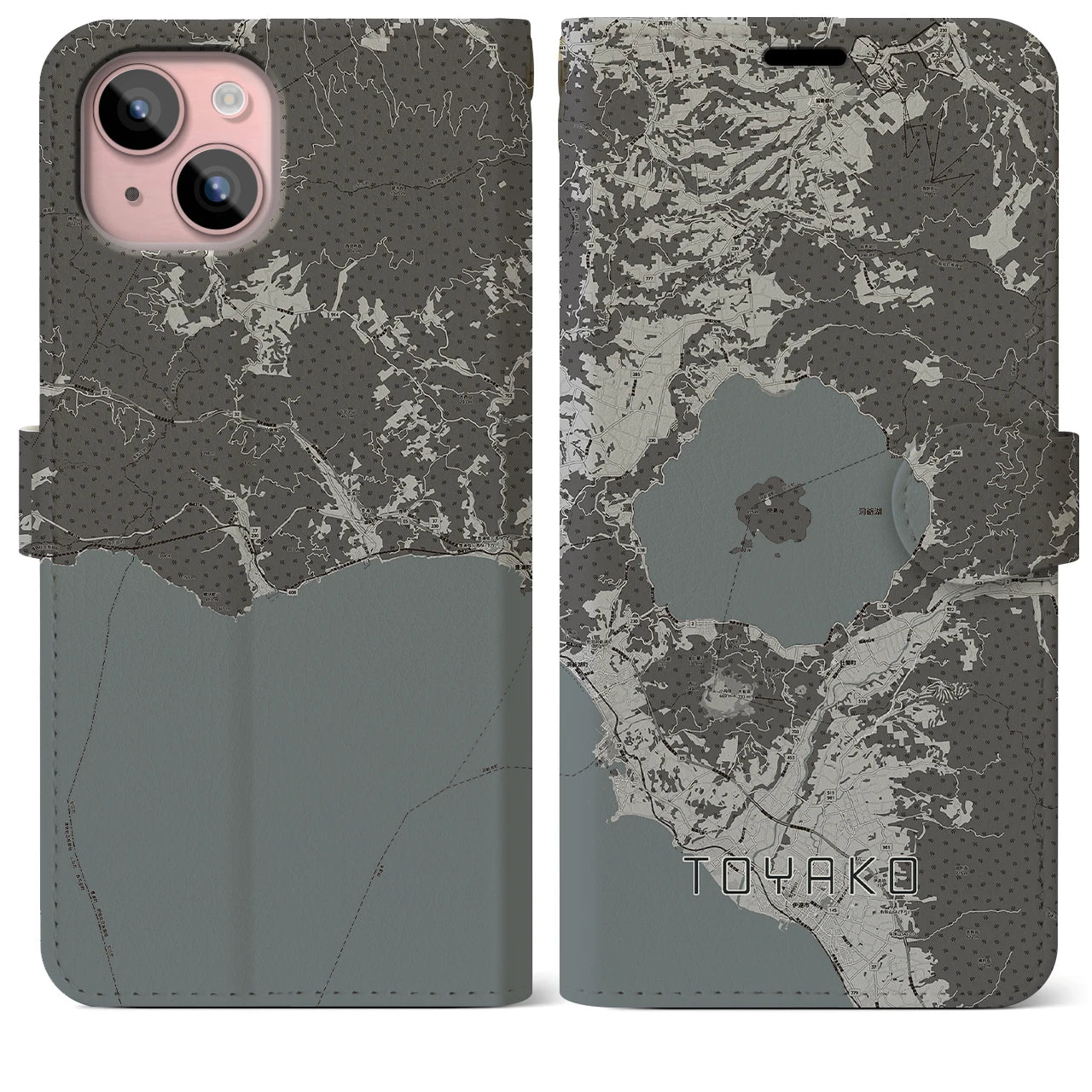 【洞爺湖(北海道)】地図柄iPhoneケース(手帳タイプ)モノトーン・iPhone 15 Plus 用