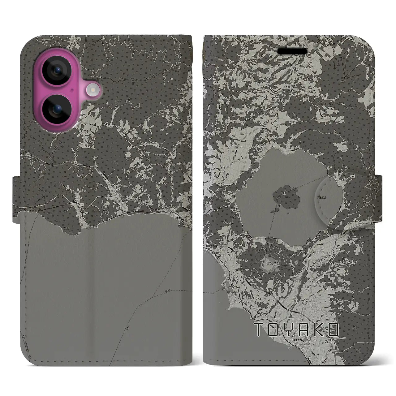 【洞爺湖(北海道)】地図柄iPhoneケース(手帳タイプ)モノトーン・iPhone 16 Pro 用