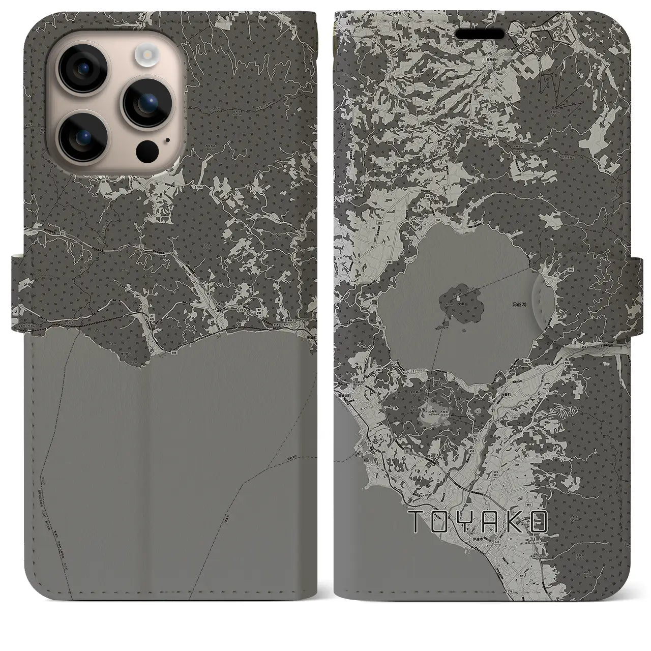 【洞爺湖(北海道)】地図柄iPhoneケース(手帳タイプ)モノトーン・iPhone 16 Plus 用