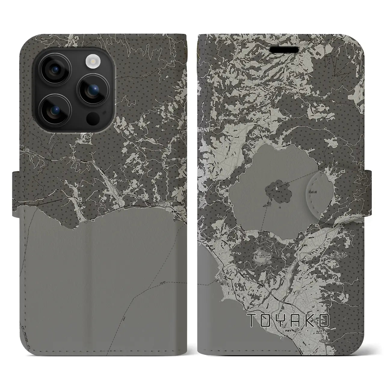 【洞爺湖(北海道)】地図柄iPhoneケース(手帳タイプ)モノトーン・iPhone 16 用