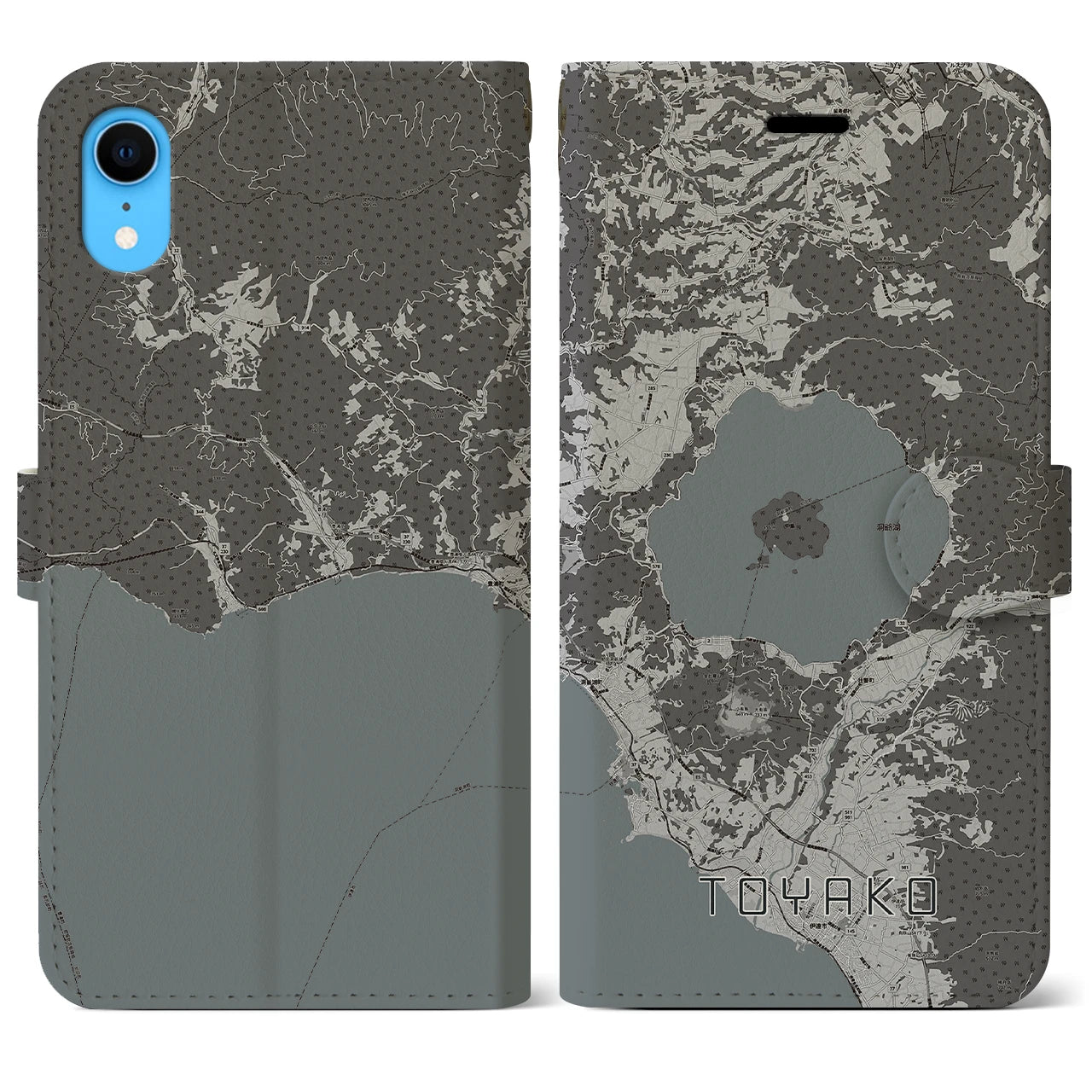 【洞爺湖(北海道)】地図柄iPhoneケース(手帳タイプ)モノトーン・iPhone XR 用