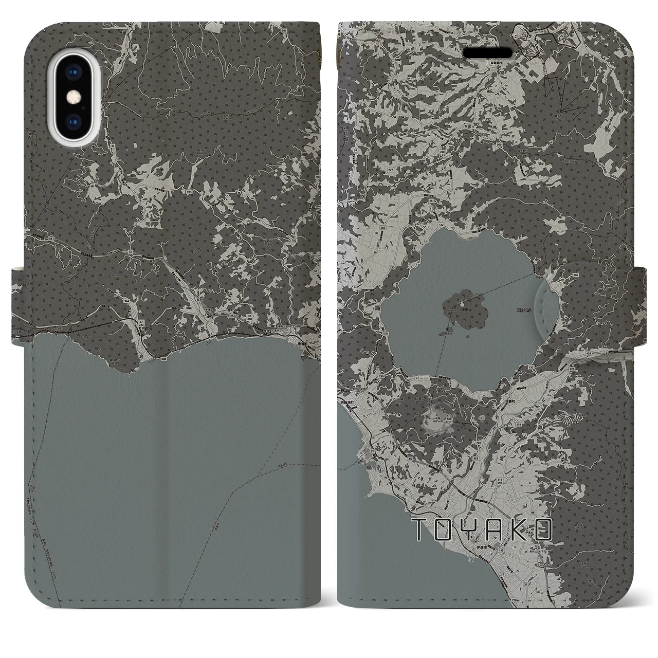 【洞爺湖(北海道)】地図柄iPhoneケース(手帳タイプ)モノトーン・iPhone XS Max 用