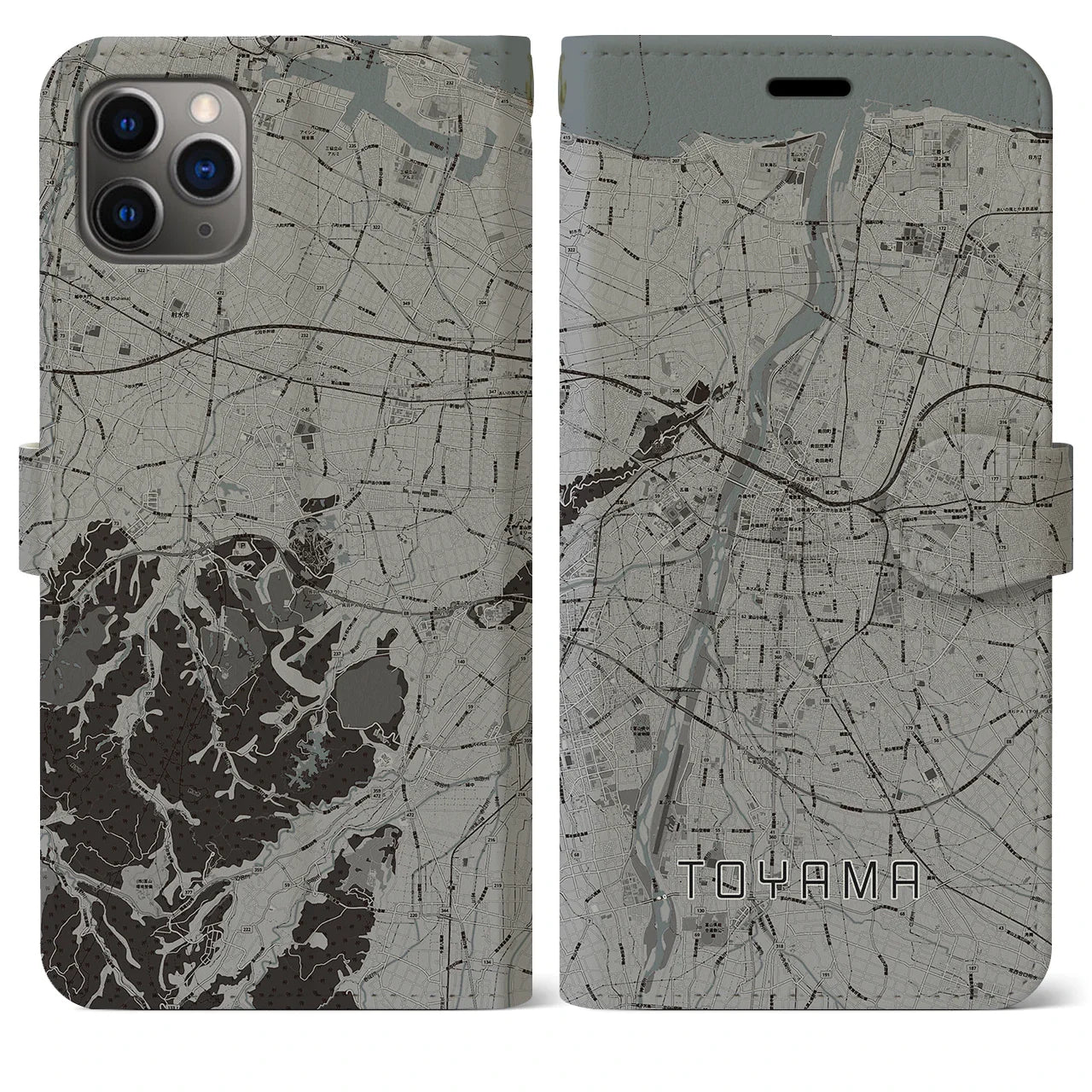 【富山(富山県)】地図柄iPhoneケース(手帳タイプ)モノトーン・iPhone 11 Pro Max 用