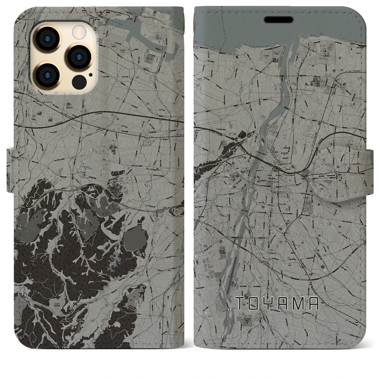 【富山(富山県)】地図柄iPhoneケース(手帳タイプ)モノトーン・iPhone 12 Pro Max 用