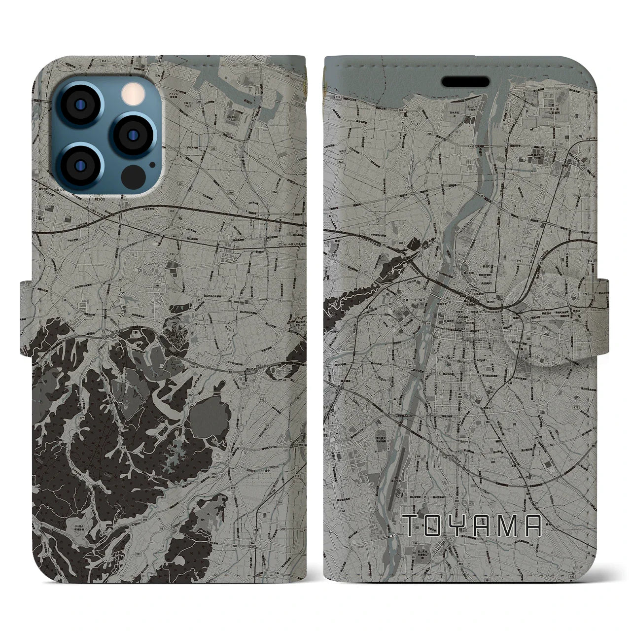 【富山(富山県)】地図柄iPhoneケース(手帳タイプ)モノトーン・iPhone 12 / 12 Pro 用