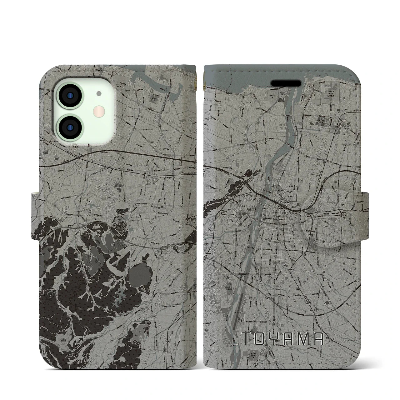 【富山(富山県)】地図柄iPhoneケース(手帳タイプ)モノトーン・iPhone 12 mini 用