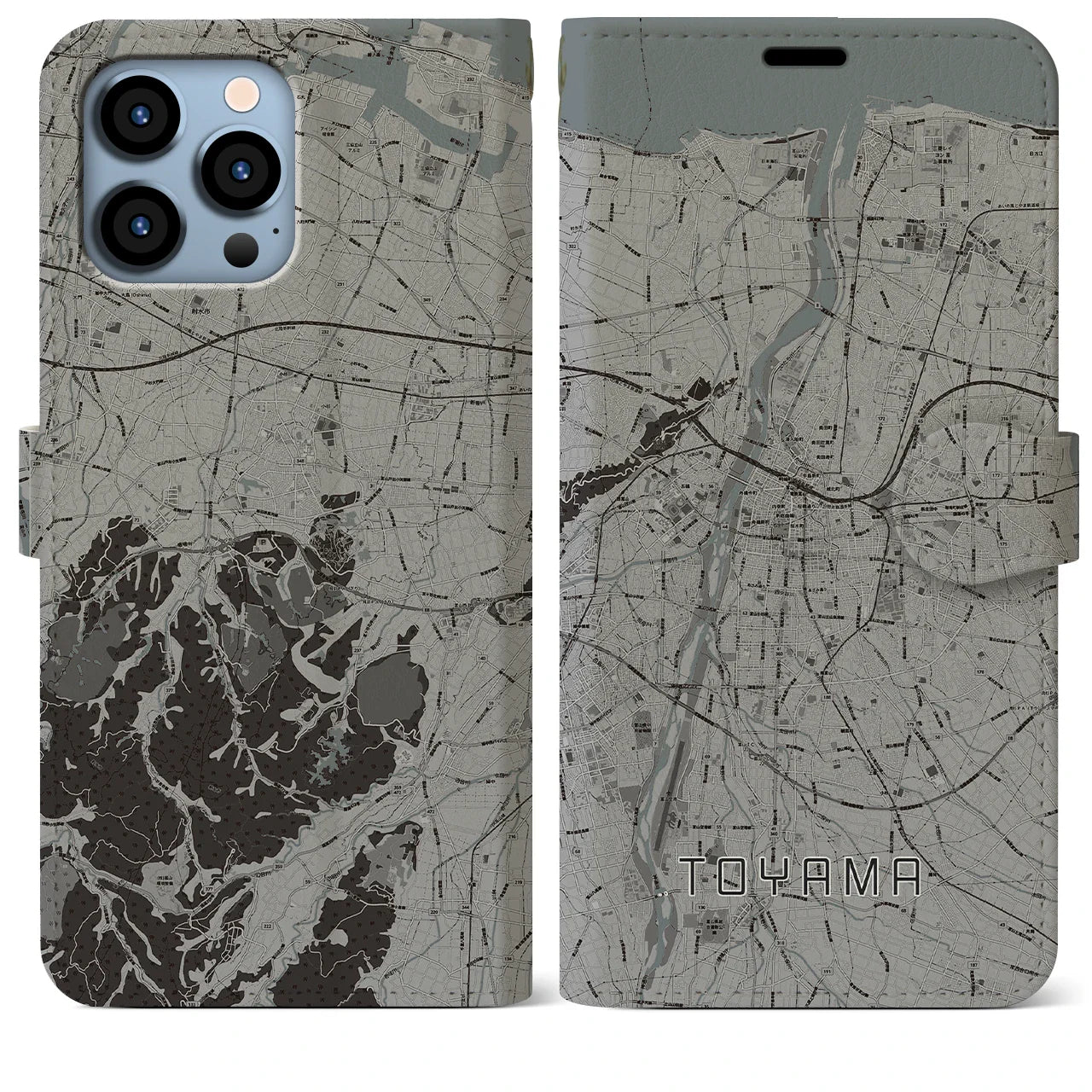 【富山(富山県)】地図柄iPhoneケース(手帳タイプ)モノトーン・iPhone 13 Pro Max 用