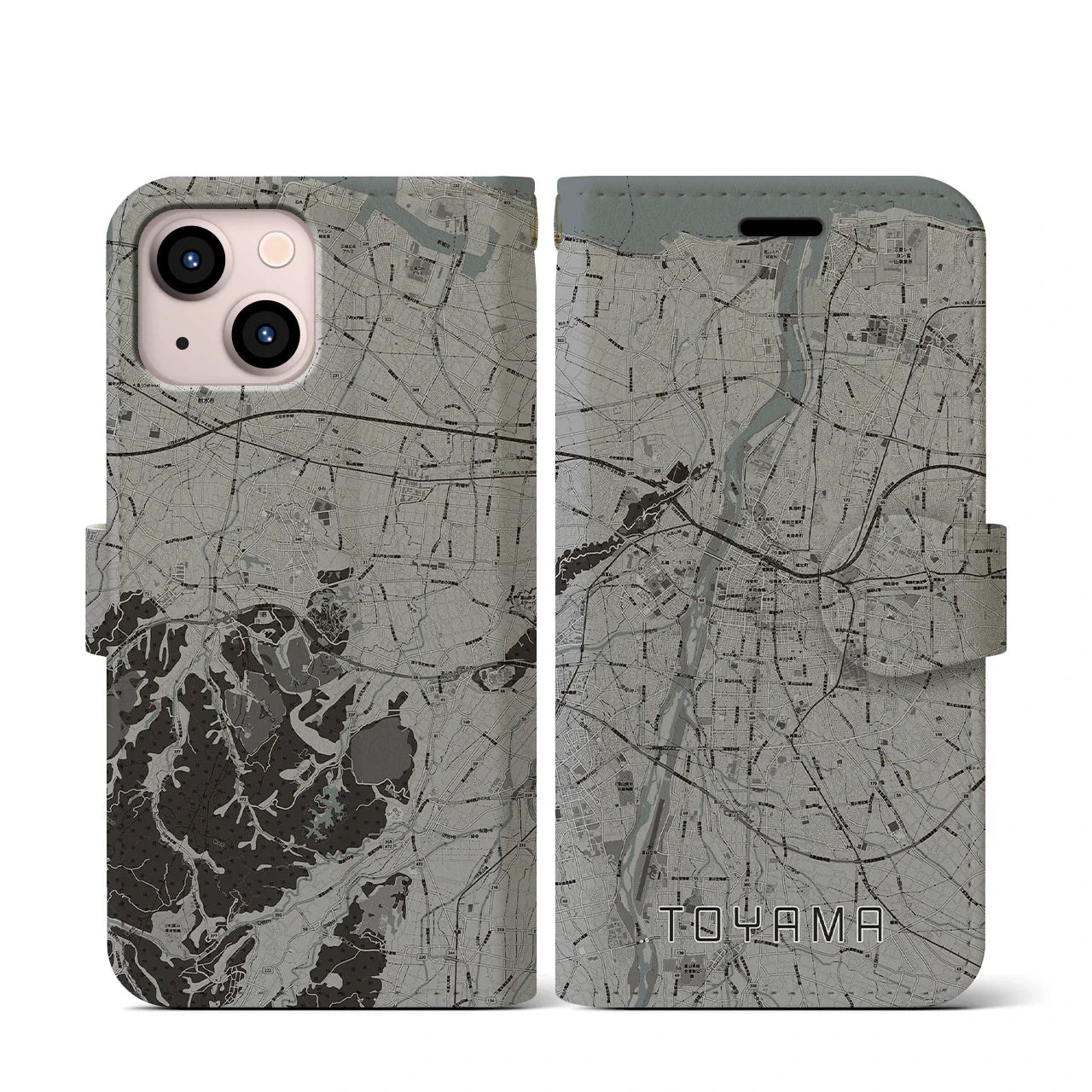 【富山(富山県)】地図柄iPhoneケース(手帳タイプ)モノトーン・iPhone 13 mini 用