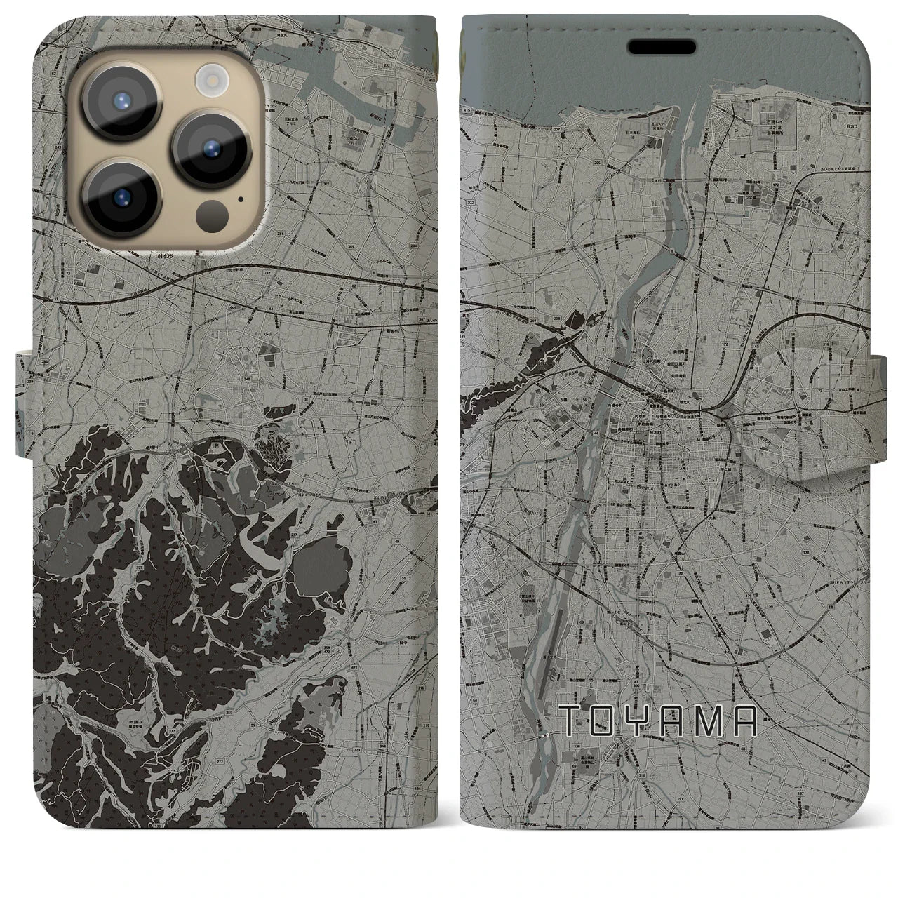 【富山(富山県)】地図柄iPhoneケース(手帳タイプ)モノトーン・iPhone 14 Pro Max 用