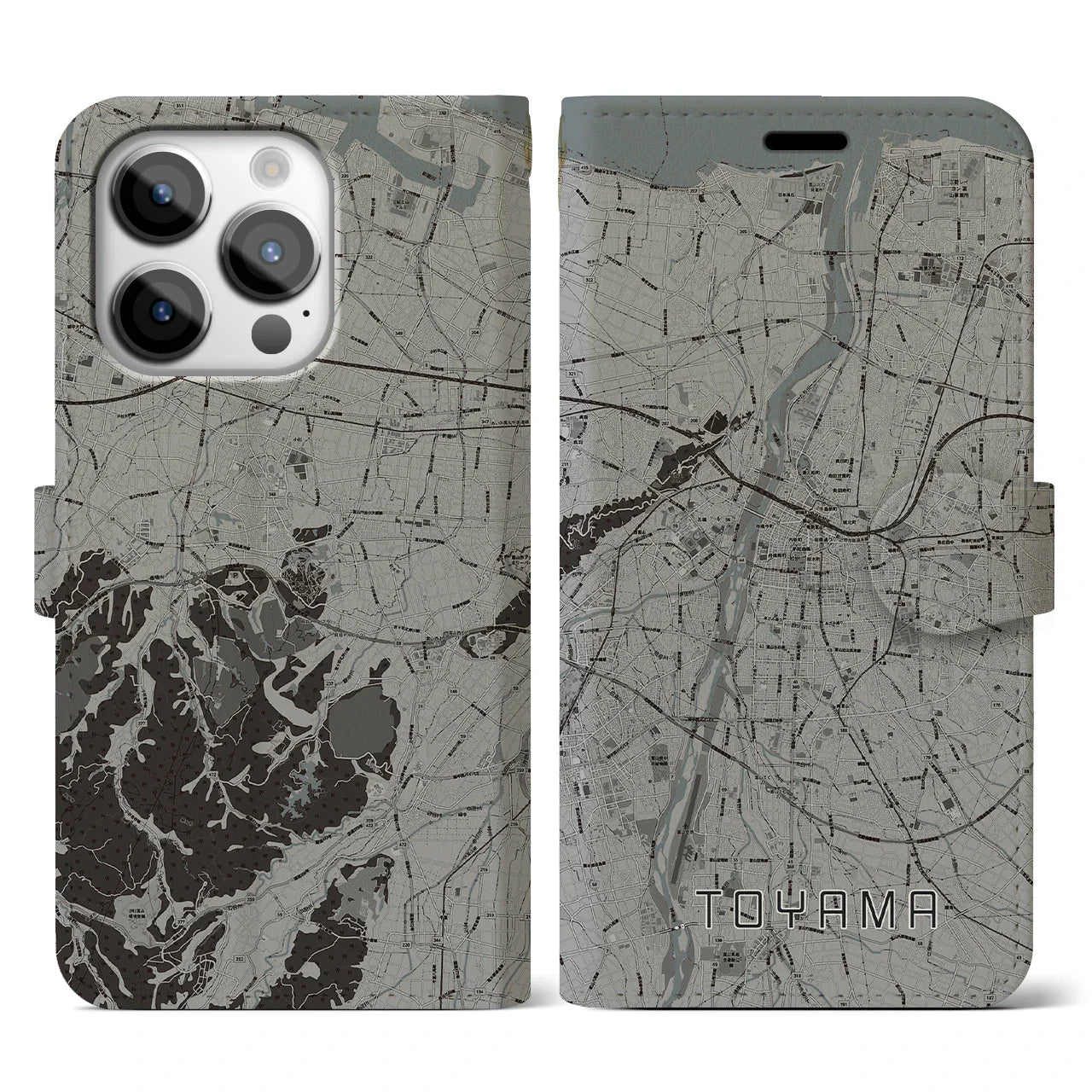 【富山(富山県)】地図柄iPhoneケース(手帳タイプ)モノトーン・iPhone 14 Pro 用