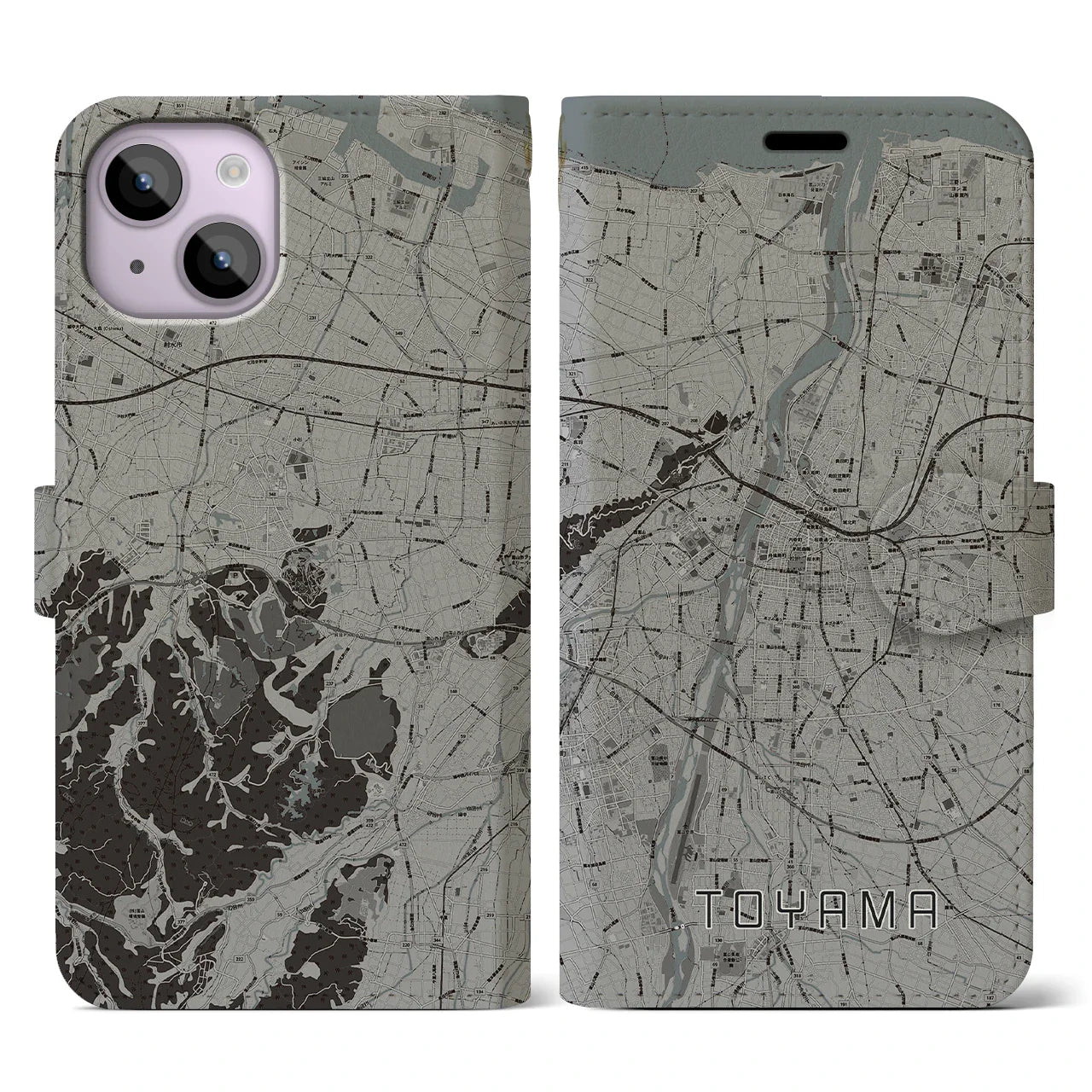【富山(富山県)】地図柄iPhoneケース(手帳タイプ)モノトーン・iPhone 14 用