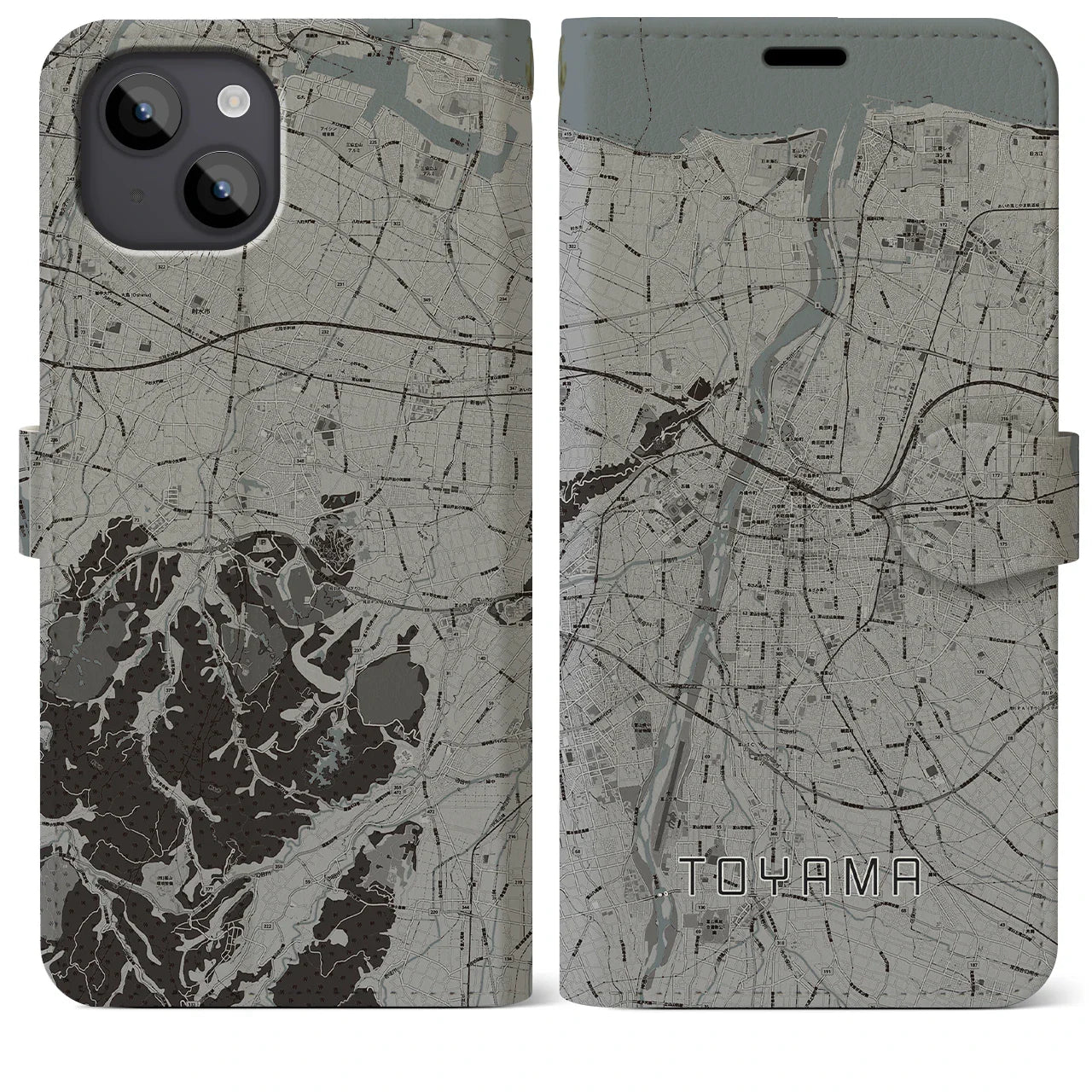 【富山(富山県)】地図柄iPhoneケース(手帳タイプ)モノトーン・iPhone 14 Plus 用