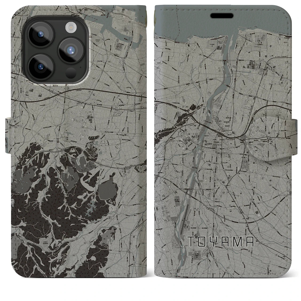 【富山(富山県)】地図柄iPhoneケース(手帳タイプ)モノトーン・iPhone 15 Pro Max 用
