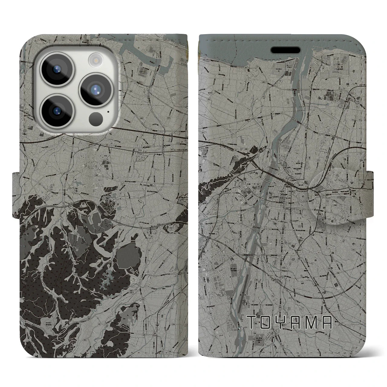 【富山(富山県)】地図柄iPhoneケース(手帳タイプ)モノトーン・iPhone 15 Pro 用