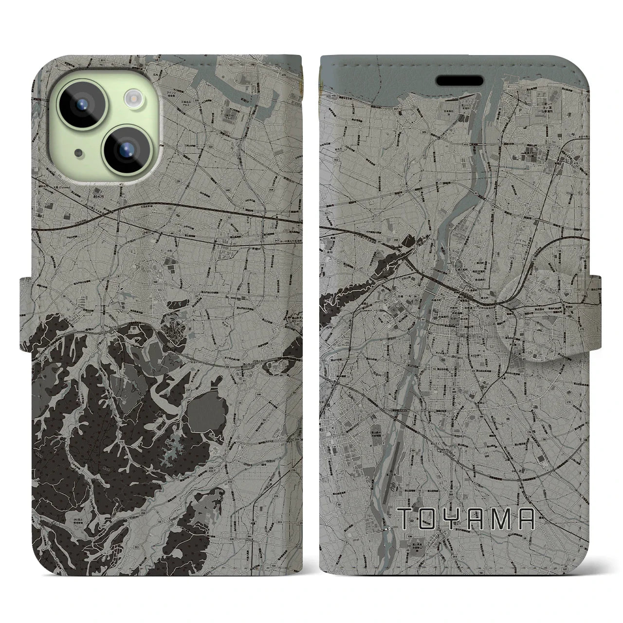 【富山(富山県)】地図柄iPhoneケース(手帳タイプ)モノトーン・iPhone 15 用