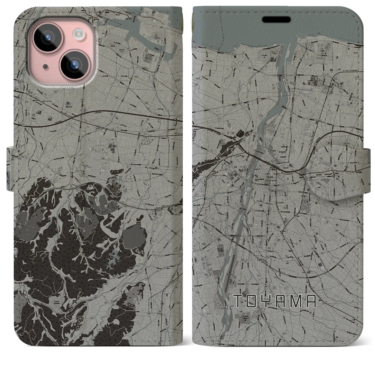 【富山(富山県)】地図柄iPhoneケース(手帳タイプ)モノトーン・iPhone 15 Plus 用