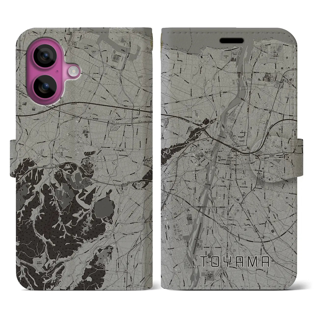 【富山(富山県)】地図柄iPhoneケース(手帳タイプ)モノトーン・iPhone 16 Pro 用