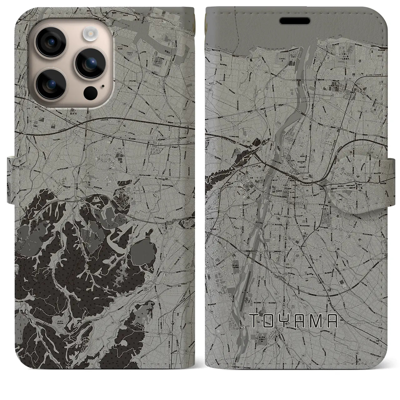 【富山(富山県)】地図柄iPhoneケース(手帳タイプ)モノトーン・iPhone 16 Plus 用