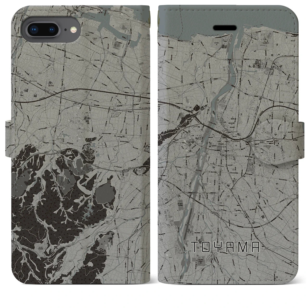 【富山(富山県)】地図柄iPhoneケース(手帳タイプ)モノトーン・iPhone 8Plus /7Plus / 6sPlus / 6Plus 用