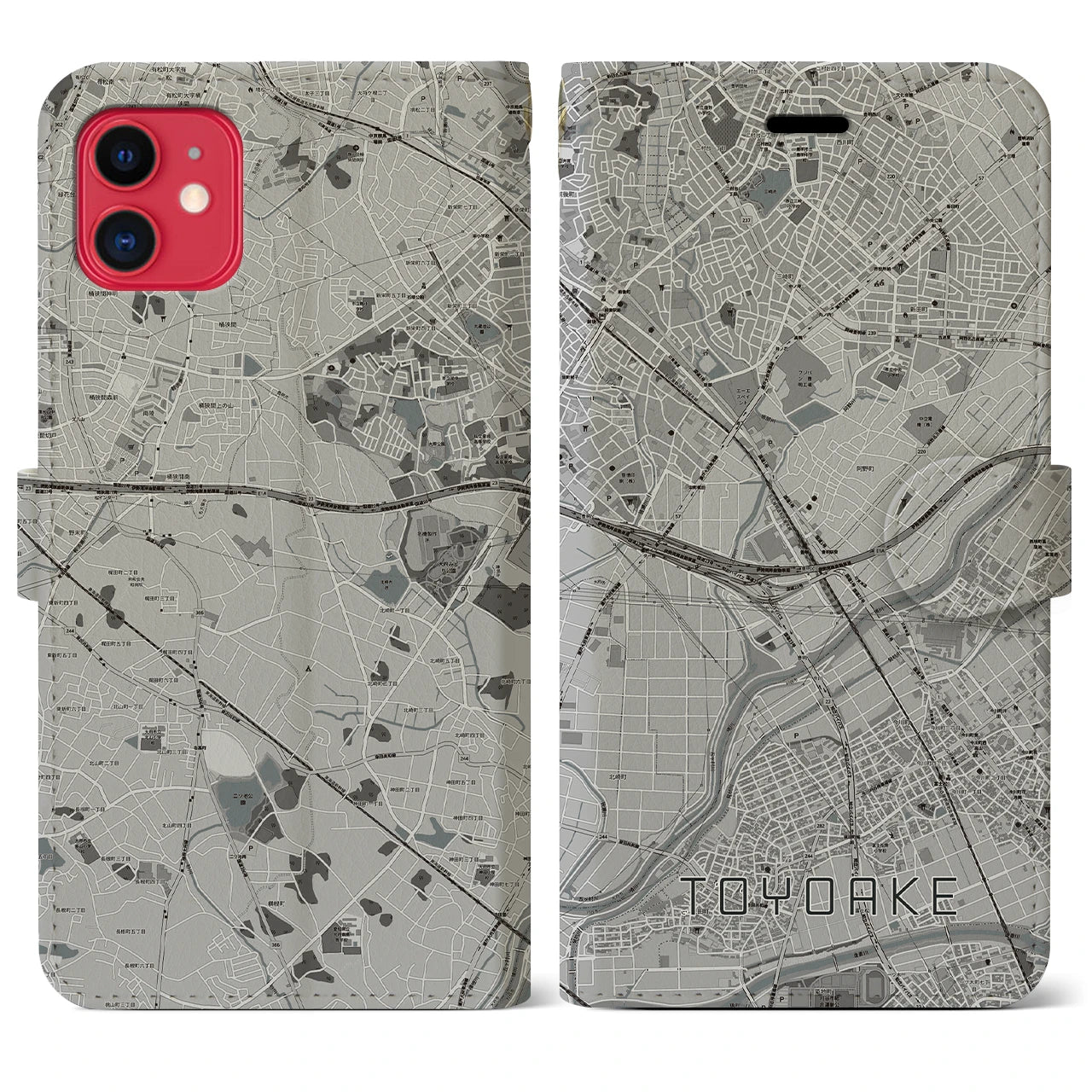 【豊明(愛知県)】地図柄iPhoneケース(手帳タイプ)モノトーン・iPhone 11 用