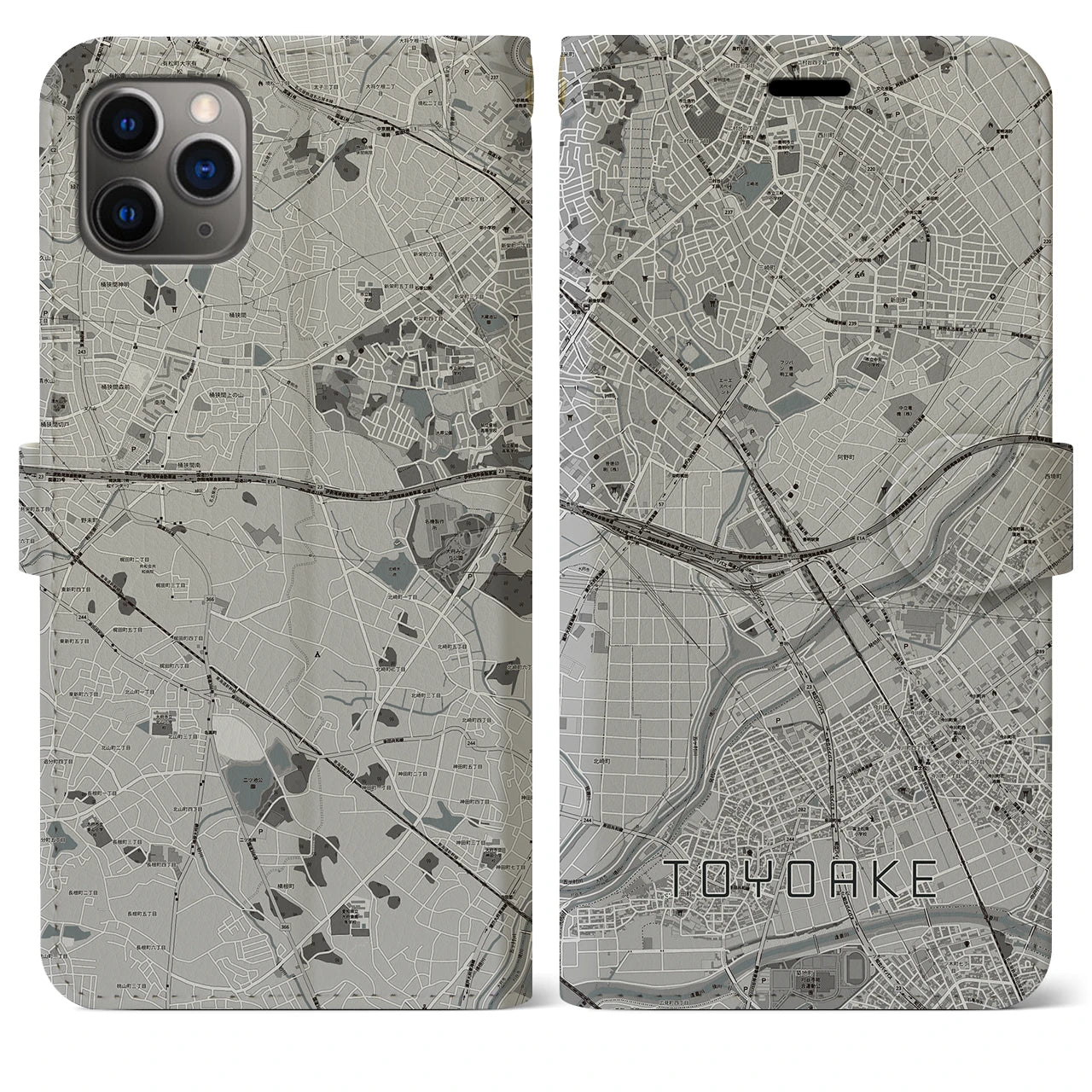 【豊明(愛知県)】地図柄iPhoneケース(手帳タイプ)モノトーン・iPhone 11 Pro Max 用