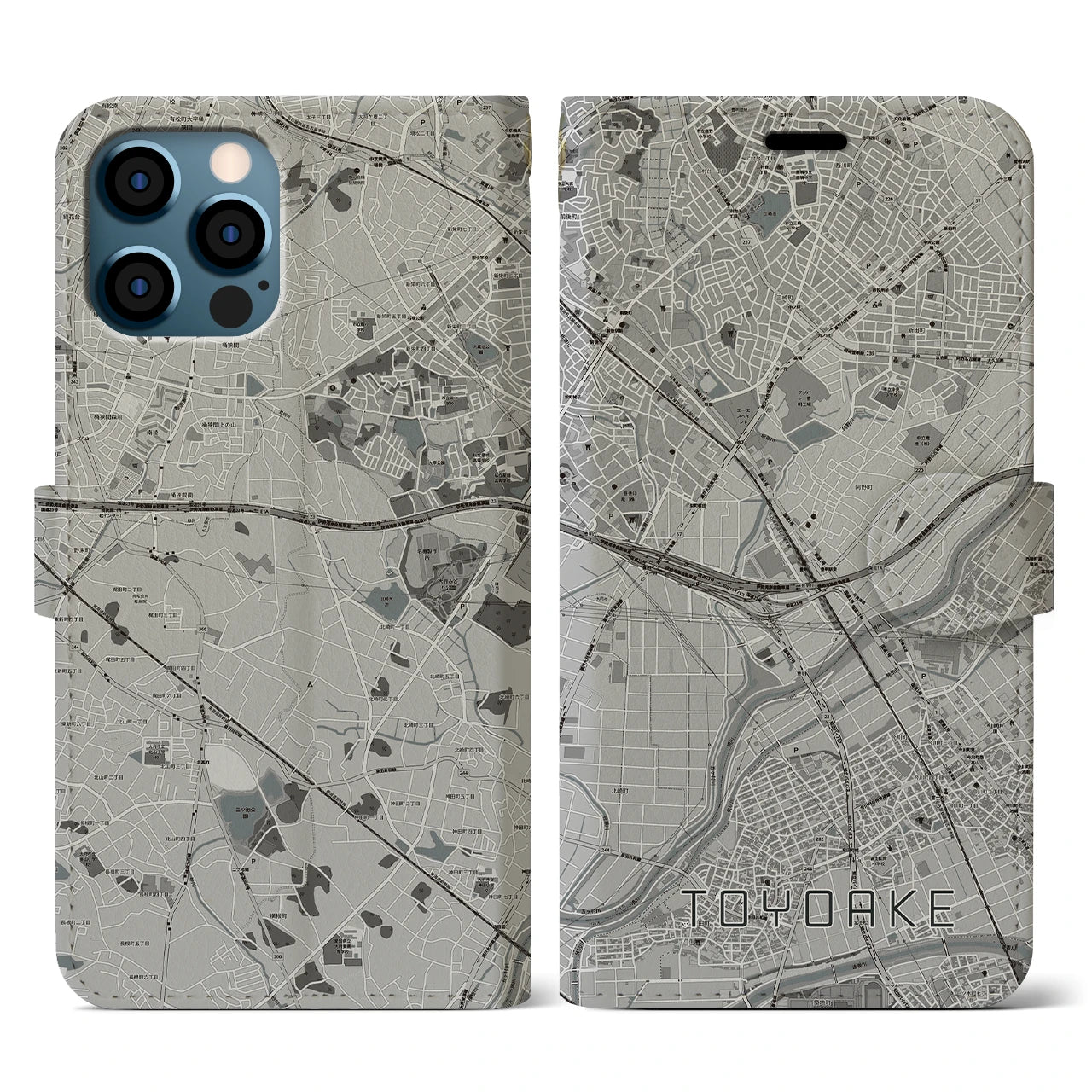 【豊明(愛知県)】地図柄iPhoneケース(手帳タイプ)モノトーン・iPhone 12 / 12 Pro 用