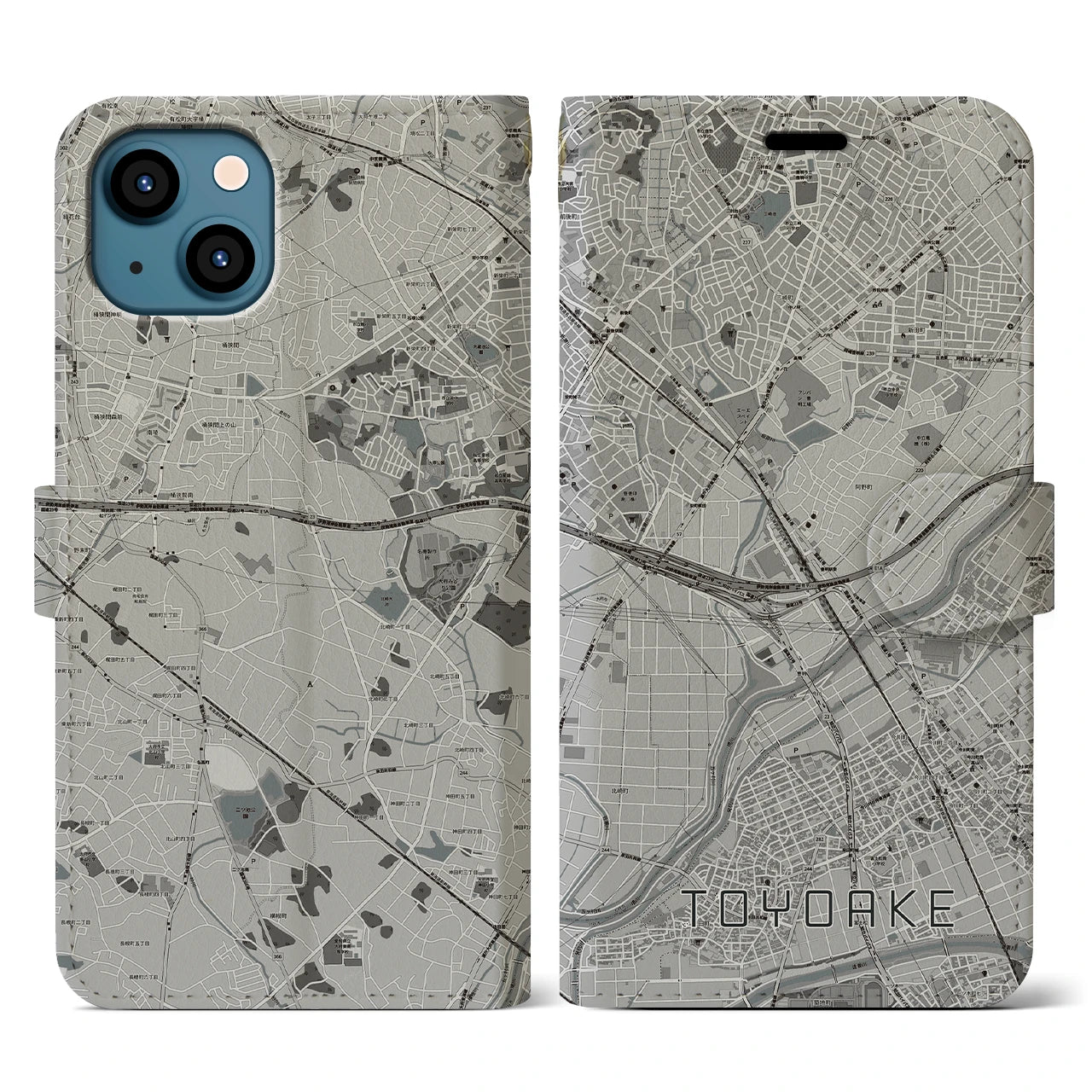 【豊明(愛知県)】地図柄iPhoneケース(手帳タイプ)モノトーン・iPhone 13 用