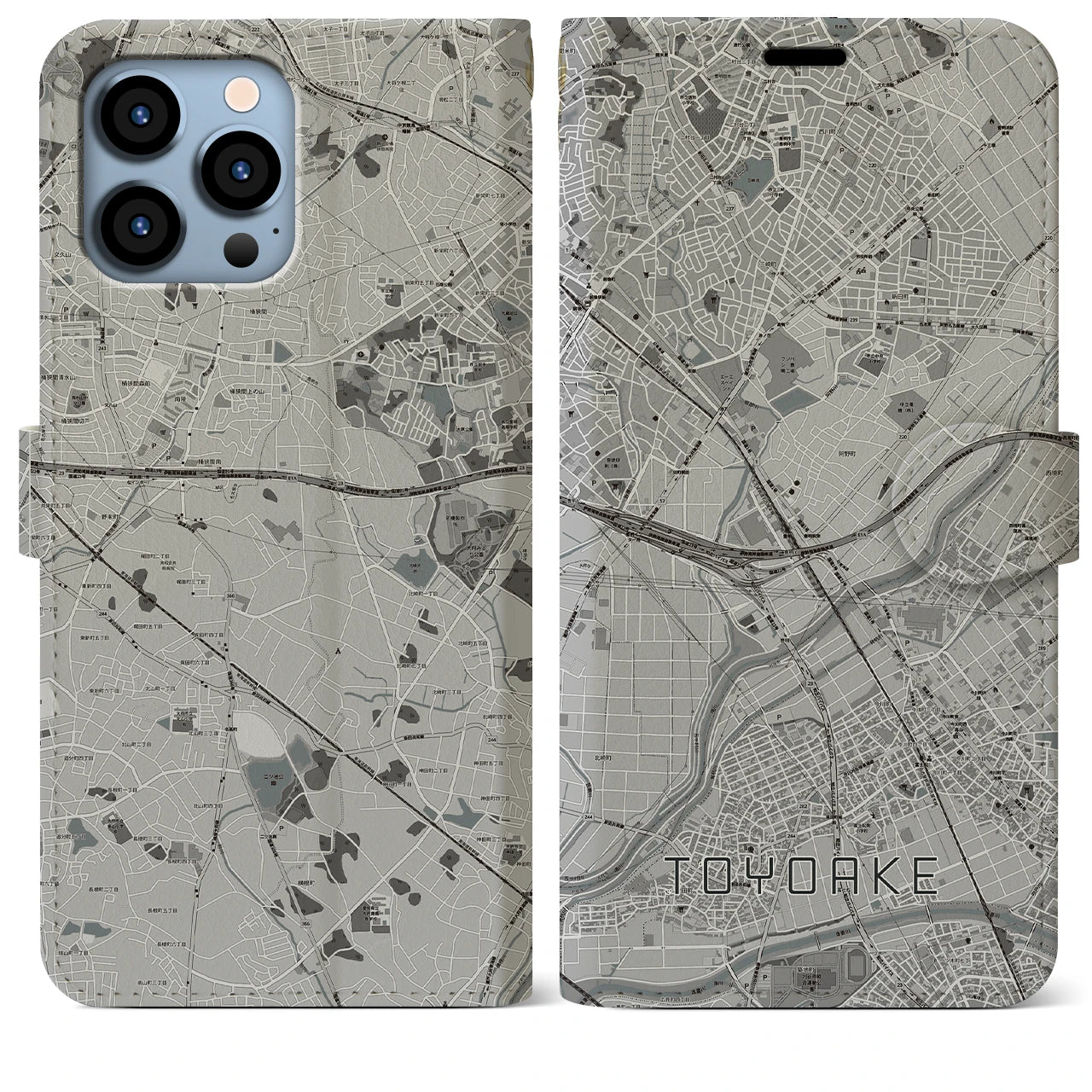 【豊明(愛知県)】地図柄iPhoneケース(手帳タイプ)モノトーン・iPhone 13 Pro Max 用