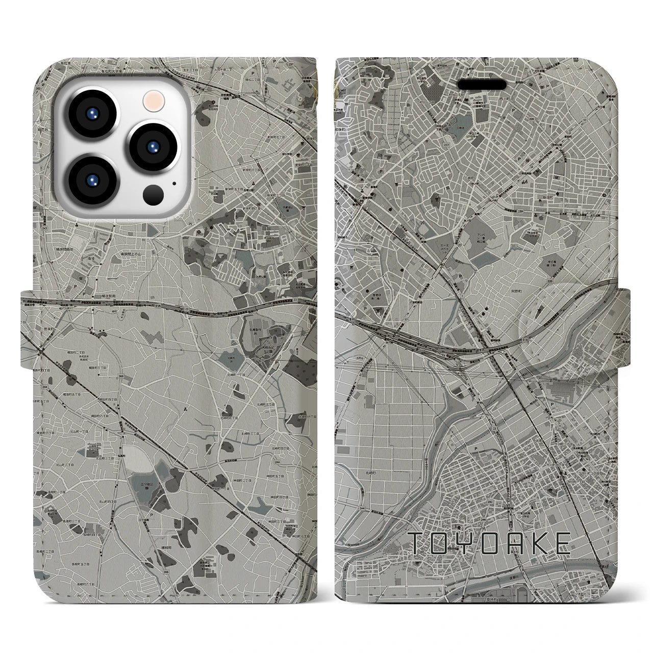 【豊明(愛知県)】地図柄iPhoneケース(手帳タイプ)モノトーン・iPhone 13 Pro 用