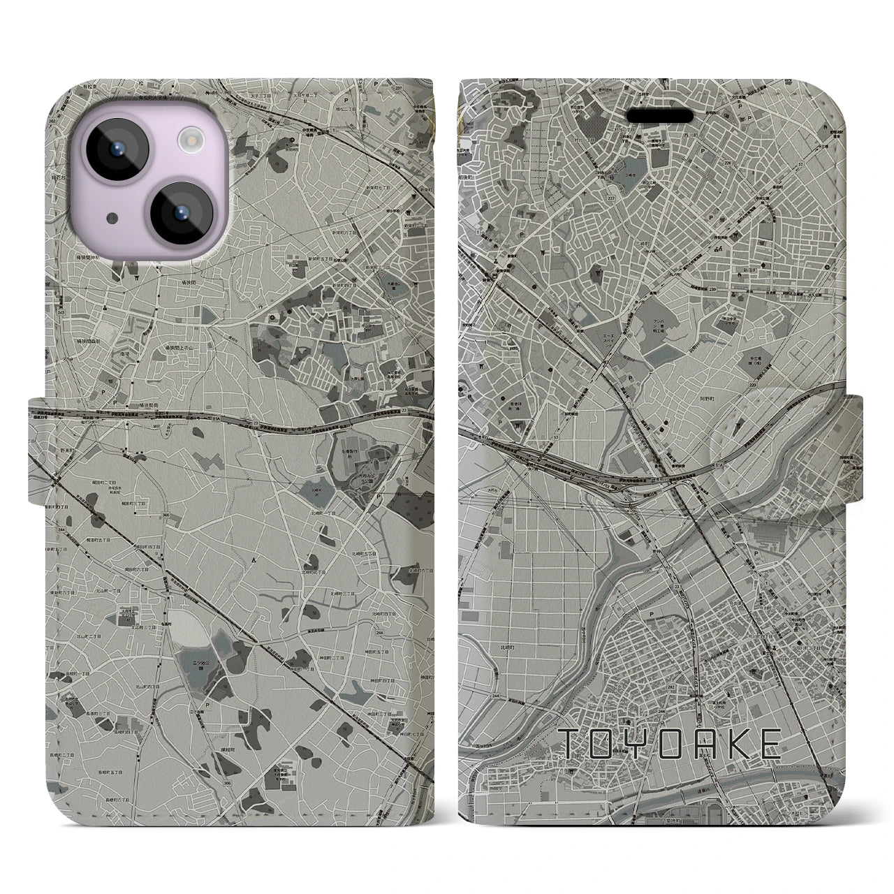 【豊明(愛知県)】地図柄iPhoneケース(手帳タイプ)モノトーン・iPhone 14 用