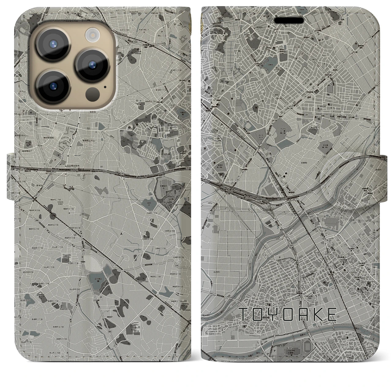 【豊明(愛知県)】地図柄iPhoneケース(手帳タイプ)モノトーン・iPhone 14 Pro Max 用