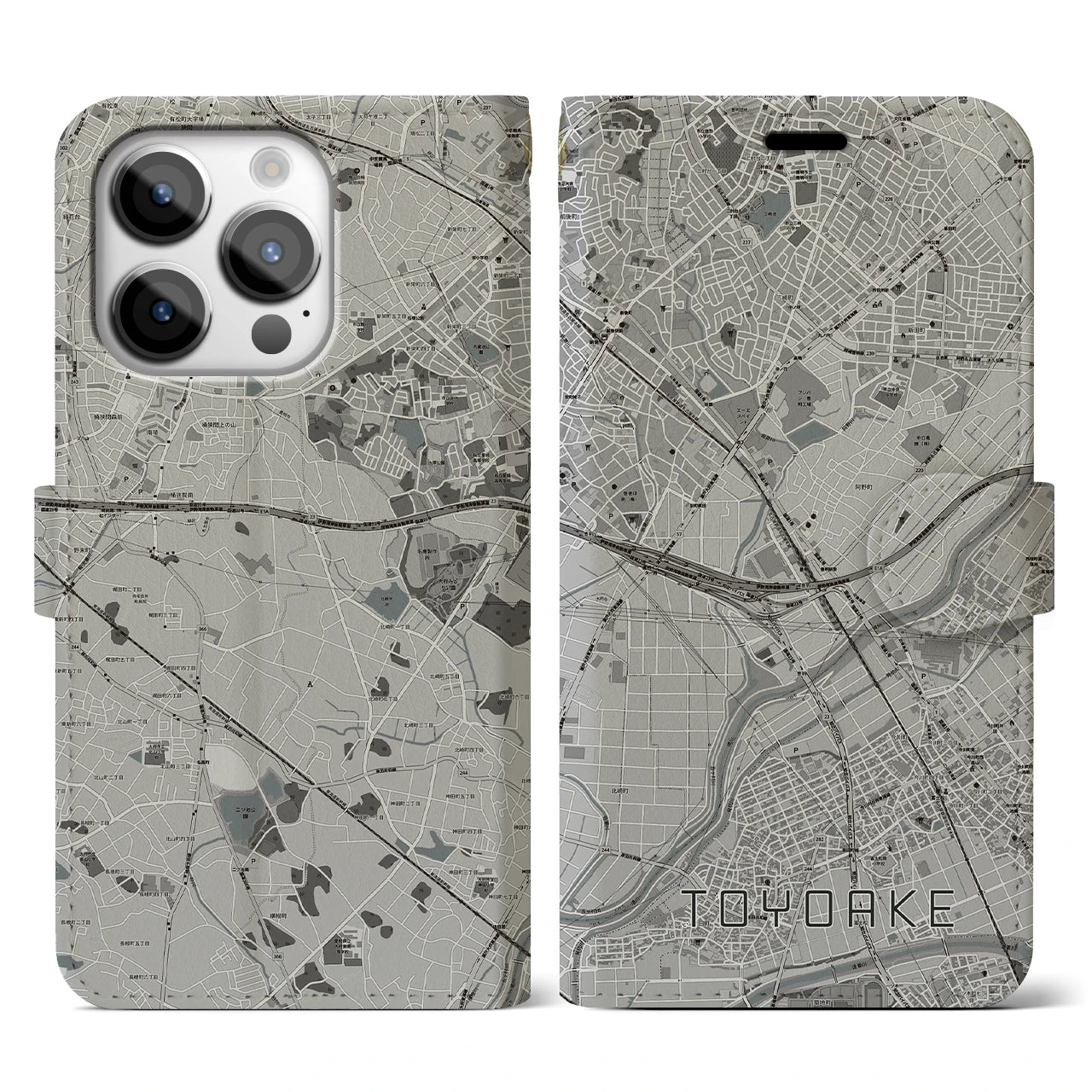 【豊明(愛知県)】地図柄iPhoneケース(手帳タイプ)モノトーン・iPhone 14 Pro 用