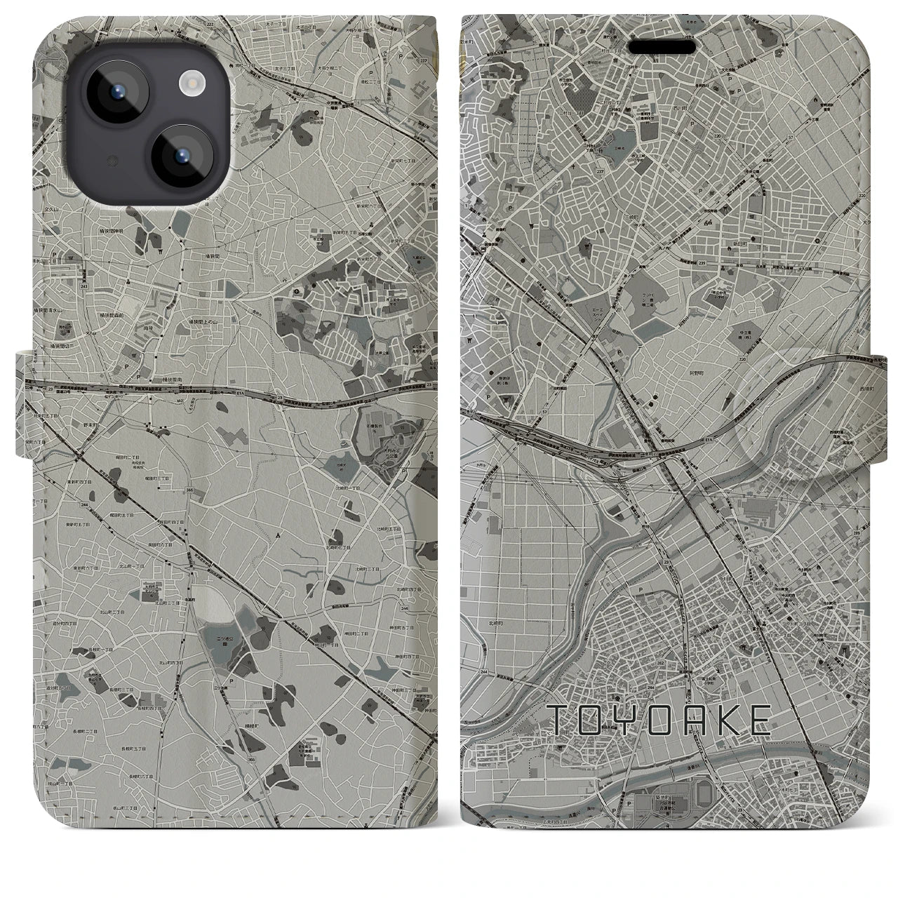 【豊明(愛知県)】地図柄iPhoneケース(手帳タイプ)モノトーン・iPhone 14 Plus 用