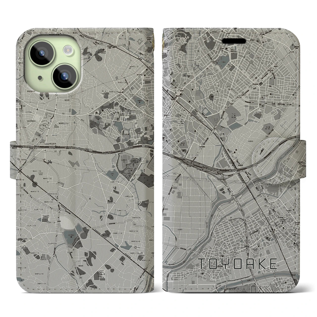 【豊明(愛知県)】地図柄iPhoneケース(手帳タイプ)モノトーン・iPhone 15 用