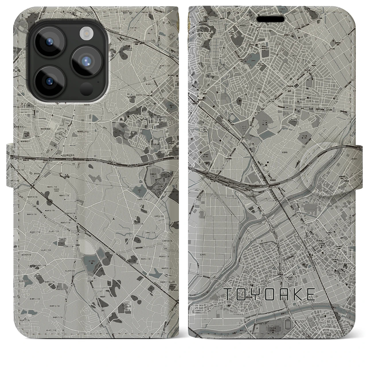 【豊明(愛知県)】地図柄iPhoneケース(手帳タイプ)モノトーン・iPhone 15 Pro Max 用