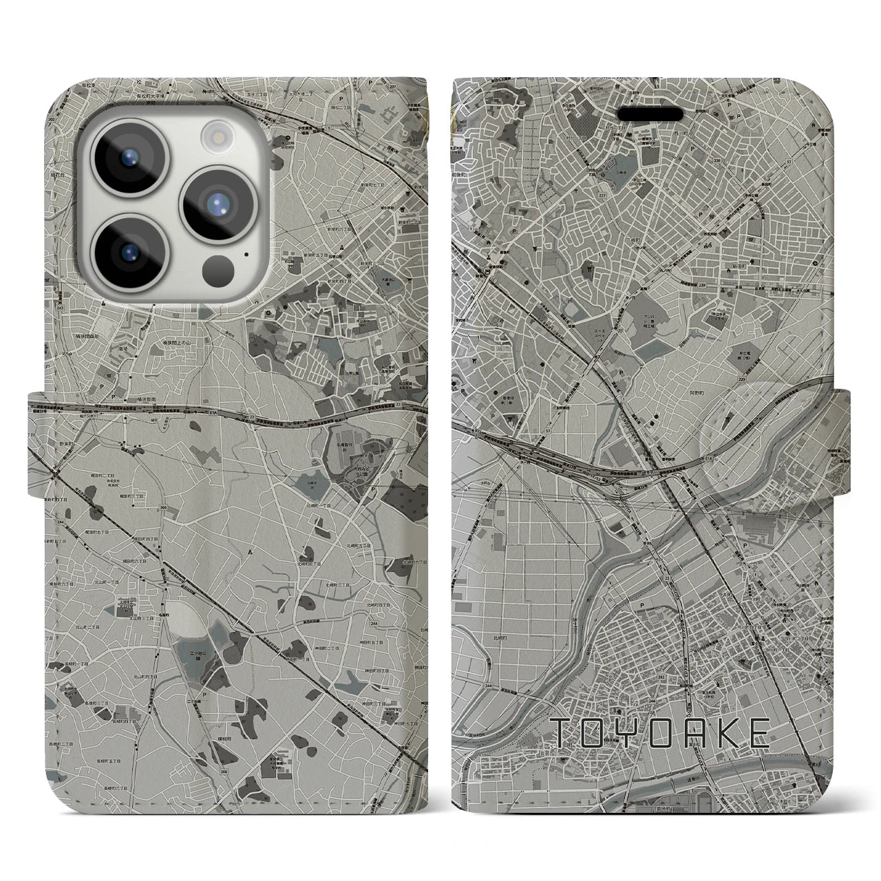 【豊明(愛知県)】地図柄iPhoneケース(手帳タイプ)モノトーン・iPhone 15 Pro 用
