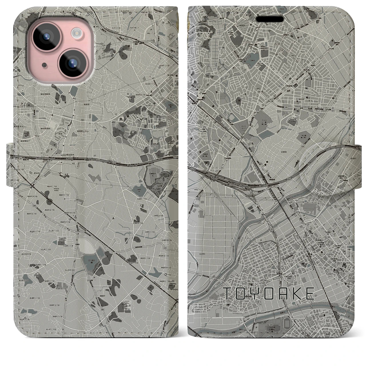 【豊明(愛知県)】地図柄iPhoneケース(手帳タイプ)モノトーン・iPhone 15 Plus 用