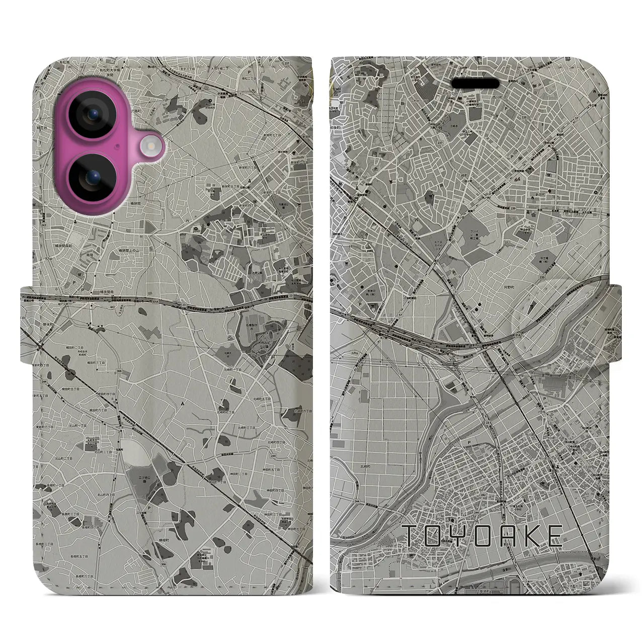 【豊明(愛知県)】地図柄iPhoneケース(手帳タイプ)モノトーン・iPhone 16 Pro 用