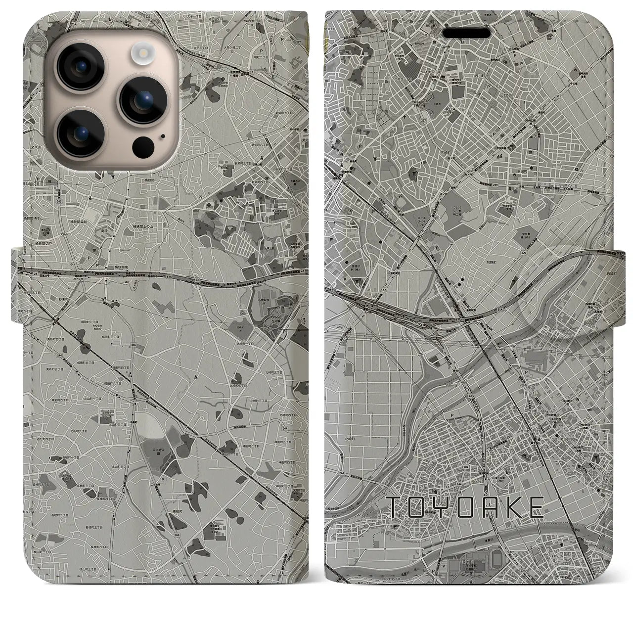 【豊明(愛知県)】地図柄iPhoneケース(手帳タイプ)モノトーン・iPhone 16 Plus 用