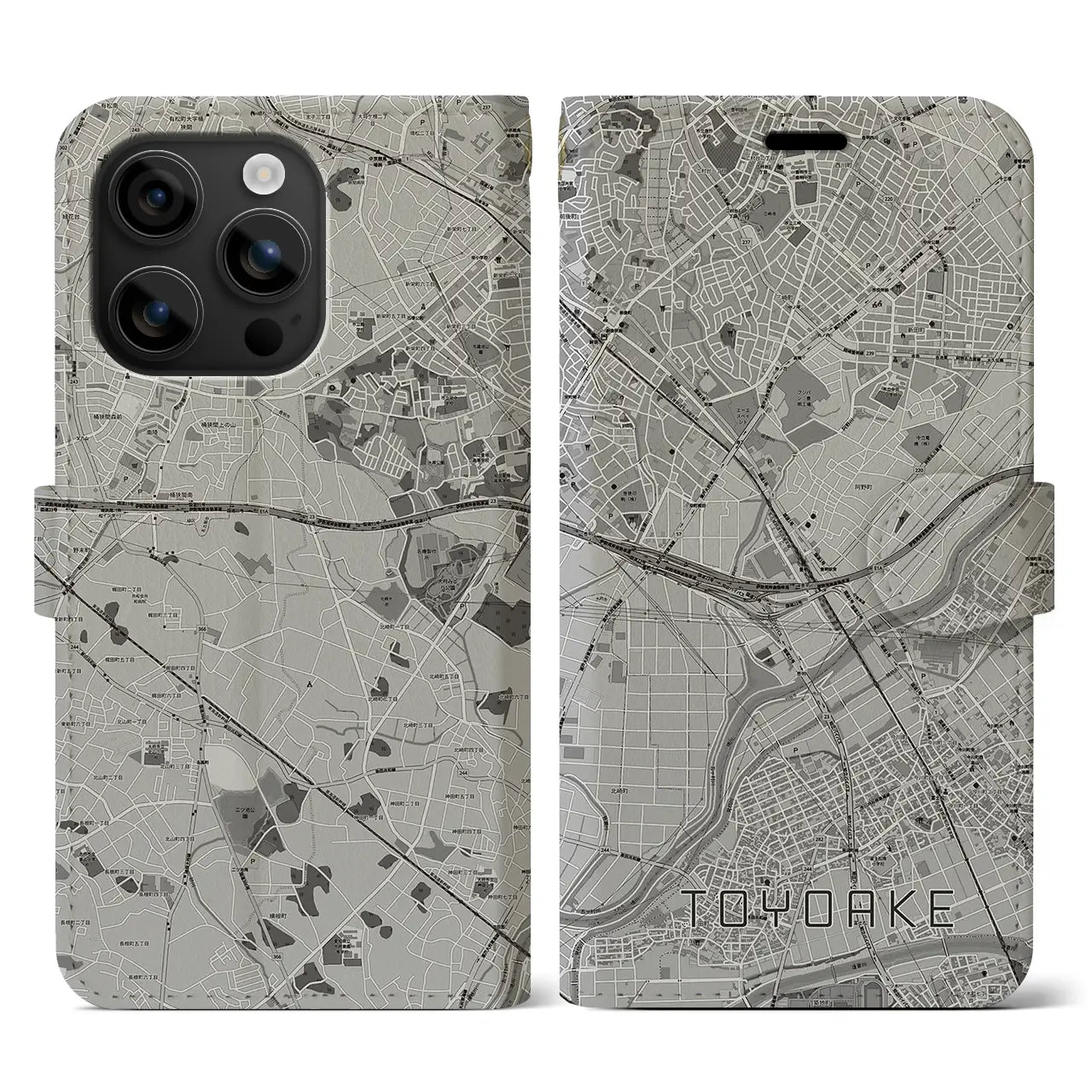 【豊明(愛知県)】地図柄iPhoneケース(手帳タイプ)モノトーン・iPhone 16 用