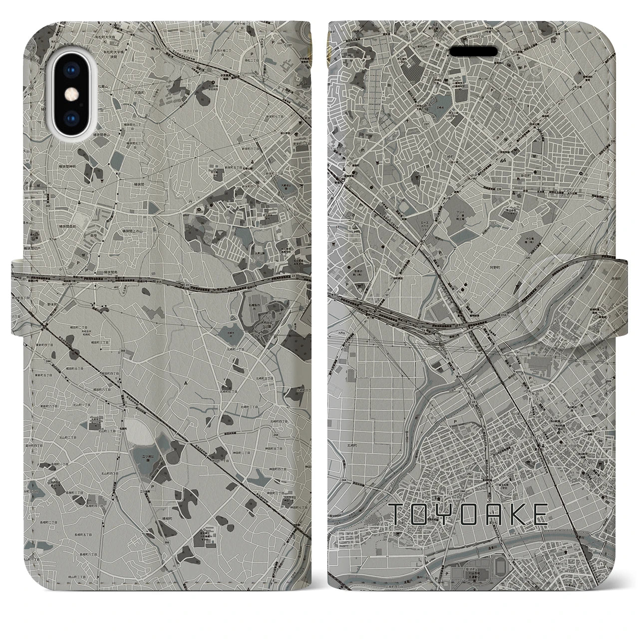 【豊明(愛知県)】地図柄iPhoneケース(手帳タイプ)モノトーン・iPhone XS Max 用