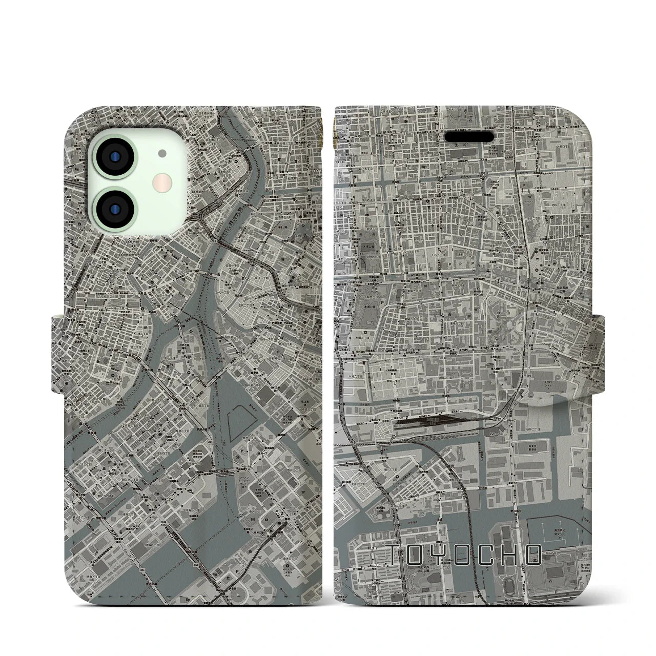 【東陽町(東京都)】地図柄iPhoneケース(手帳タイプ)モノトーン・iPhone 12 mini 用