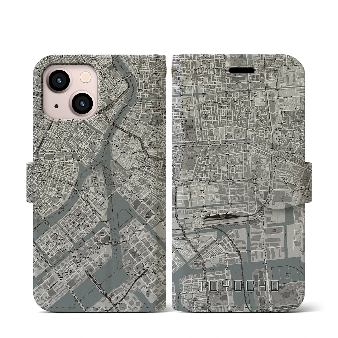 【東陽町(東京都)】地図柄iPhoneケース(手帳タイプ)モノトーン・iPhone 13 mini 用