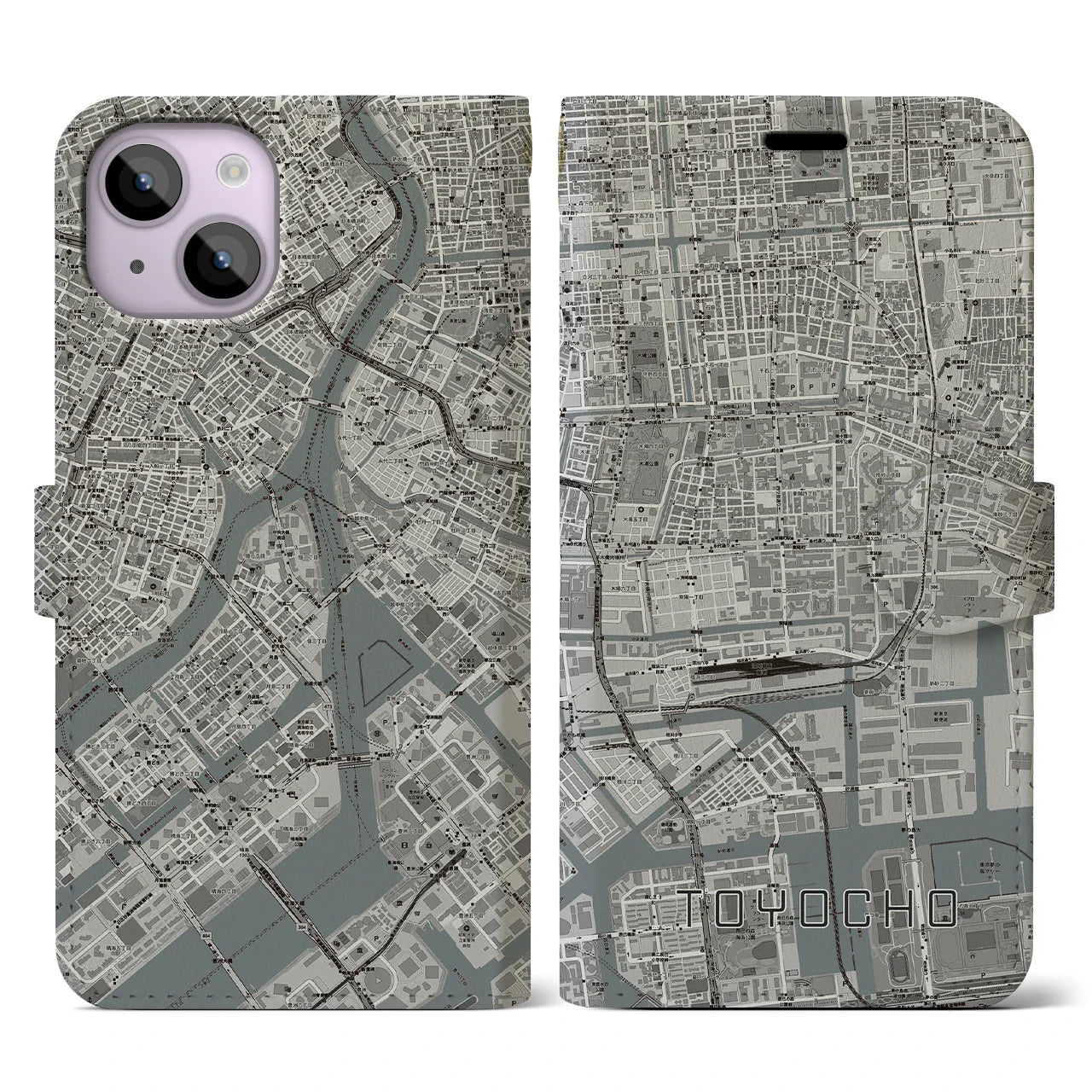 【東陽町(東京都)】地図柄iPhoneケース(手帳タイプ)モノトーン・iPhone 14 用