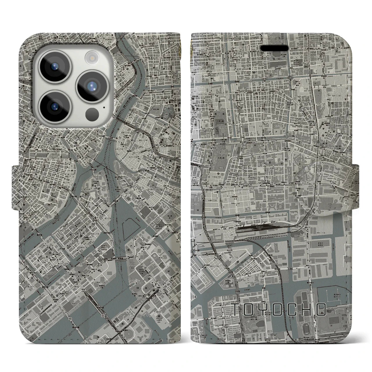 【東陽町(東京都)】地図柄iPhoneケース(手帳タイプ)モノトーン・iPhone 15 Pro 用