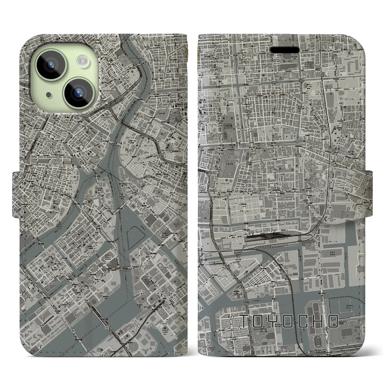 【東陽町(東京都)】地図柄iPhoneケース(手帳タイプ)モノトーン・iPhone 15 用