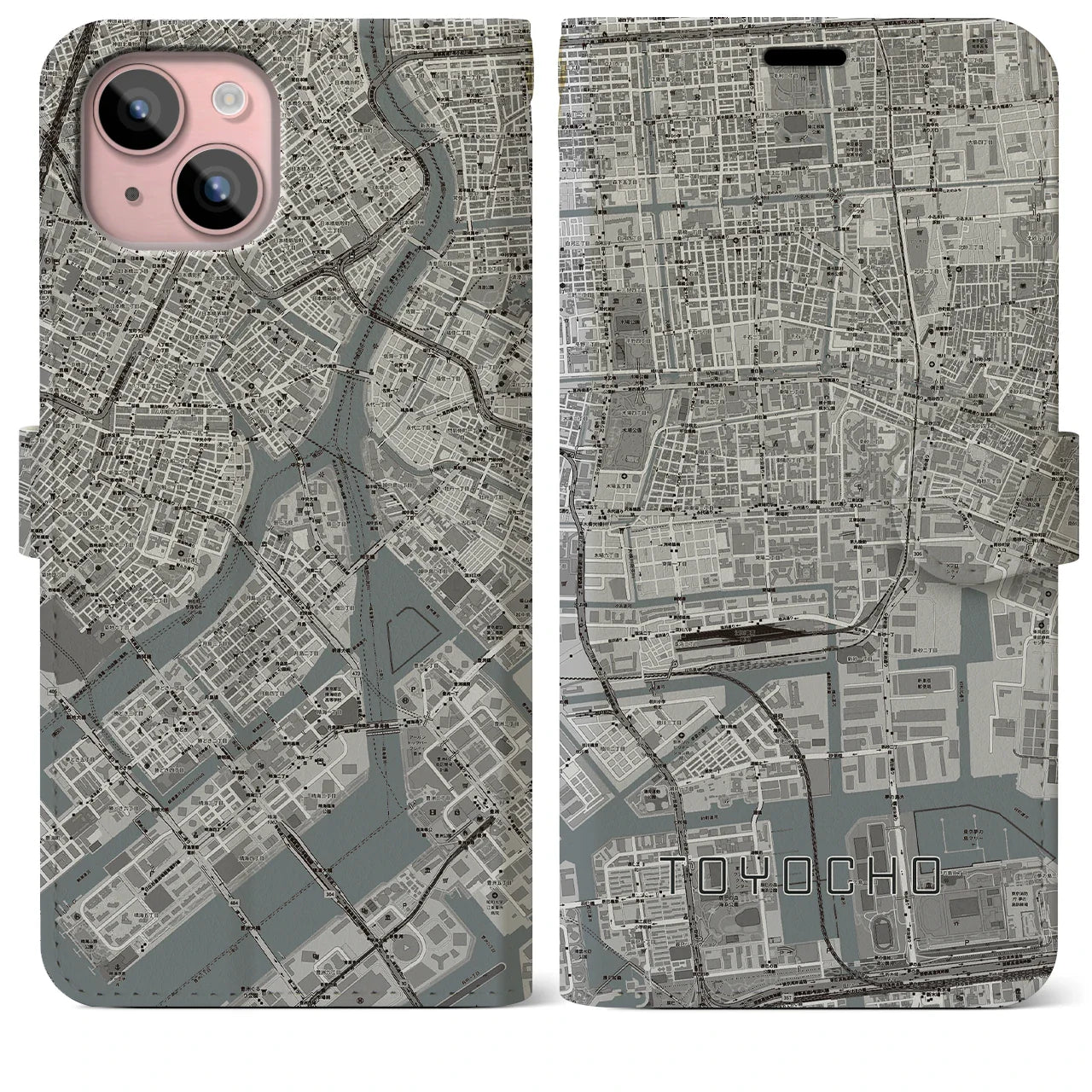 【東陽町(東京都)】地図柄iPhoneケース(手帳タイプ)モノトーン・iPhone 15 Plus 用