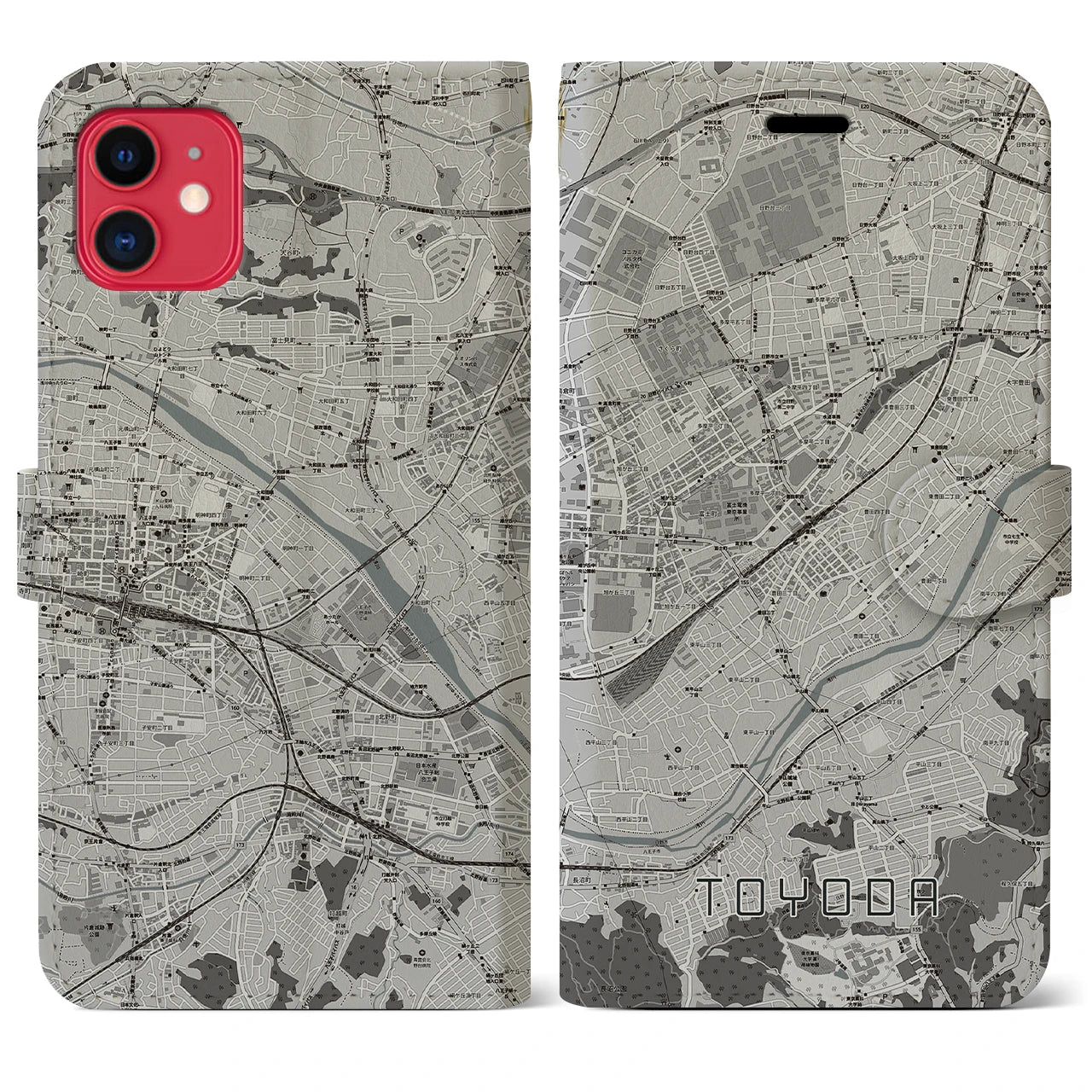 【豊田(東京都)】地図柄iPhoneケース(手帳タイプ)モノトーン・iPhone 11 用