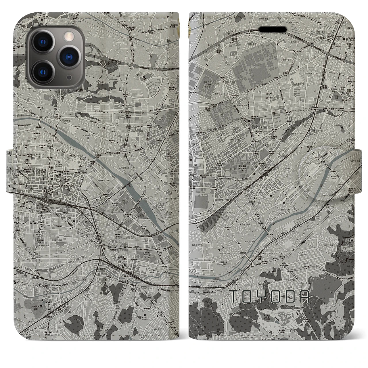 【豊田(東京都)】地図柄iPhoneケース(手帳タイプ)モノトーン・iPhone 11 Pro Max 用